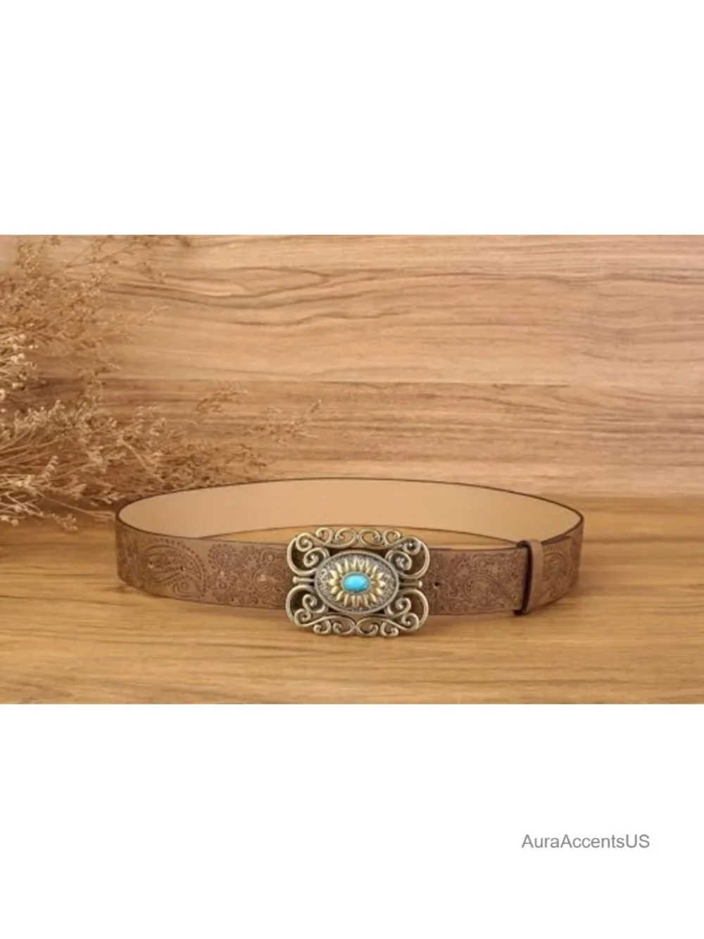 Vintage Western Leather Belt Floral Pattern Turquoise Buckle Country Cowboy